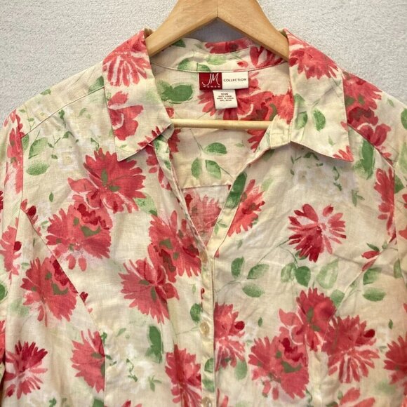JM Collection 100% Linen Button Up Floral Blouse 18W Pink Easter Bell Sleeve Top - Picture 5 of 13